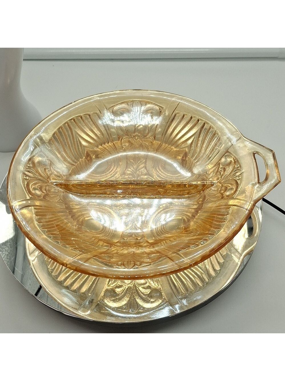 Killarney Gold glass divided one handled serving dish vintage 8" Indiana glass